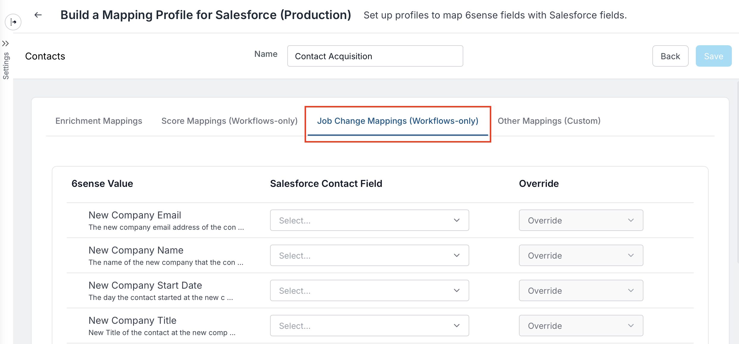 Mapping profile setup for Salesforce with highlighted job change mappings section.